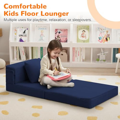 MeMoreCool Foldable Futon Chair Bed for Kids, Toddler Sofa Mattress, Convertible Foam Floor Couch, Tri-fold Sleeping Mattress (Navy) - color: Navy