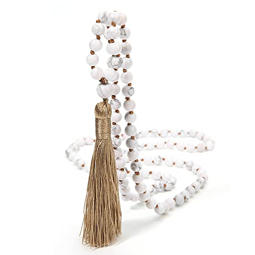 6MM Mala Beads Necklace Natural Amazonite Stone Meditation Statement Necklace Japa Yoga Rosary Prayer Charm Beaded Tassel Necklace - style: Natural White Howlite