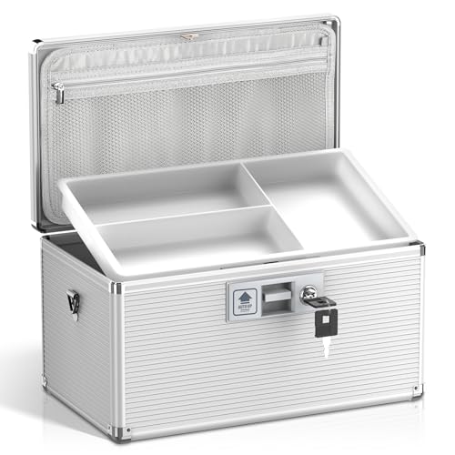 Medicine Lock Box with Key, Alluminum Alloy Box for Medication,First Aid Box with a Removeable Tray to Store Medicines & Pills for Home&Travel, Silver 14 * 8.46 * 7.48 Inch - color: Silver, size: Large-14inch