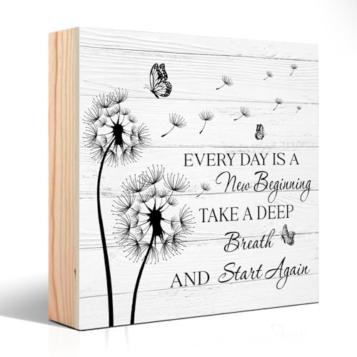 Every Day Is A New Beginning Take A Deep Breath And Start Again Wooden Sign Desk Decor for Home Office Farmhouse Bedroom, Yoga Spa Room Decor, Inspirational Gifts for Women Friend Coworker BFF - style: Old World