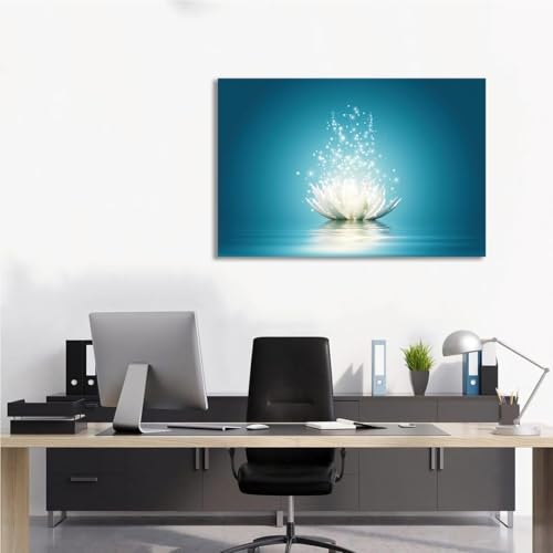 Lotus Wall Art Flower Canvas Poster Lotus Bloom in Water Picture Zen Prints Teal Blue Painting Room Aesthetic for Living Room Bedroom Yoga Spa Meditation Spiritual Wall Decor 12x18 inches, Unframed
