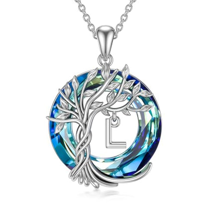 TOUPOP Gifts for Women Tree of Life Initial Necklace 925 Sterling Silver Letter Pendant with Blue Crystal Birthday Jewelry Gifts for Women Her Mom Wife Daughter - color: Tree of Life L Initial