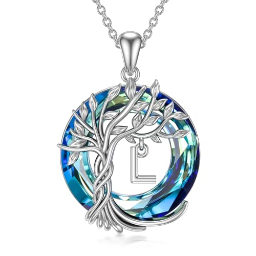 TOUPOP Gifts for Women Tree of Life Initial Necklace 925 Sterling Silver Letter Pendant with Blue Crystal Birthday Jewelry Gifts for Women Her Mom Wife Daughter - color: Tree of Life L Initial
