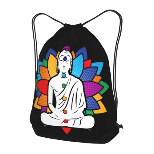 Buddha Chakra Meditation Drawstring Backpack Bag Sport Gym Sackpack for Men Women (Black) - size: Medium 19.6x16.5in