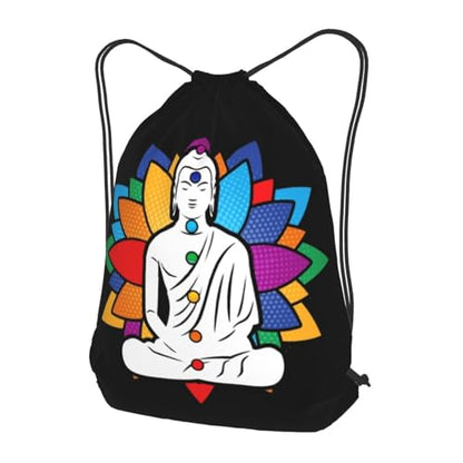 Buddha Chakra Meditation Drawstring Backpack Bag Sport Gym Sackpack for Men Women (Black) - size: Medium 19.6x16.5in