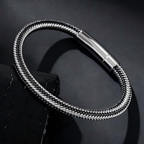 Men's Leather Bracelet, Stackable Stainless Steel Clasp Bracelets for Men Stylish Birthday, Thanksgiving, Valentine's Day Gift for My Man - style: 9" Gunmetal Color Button
