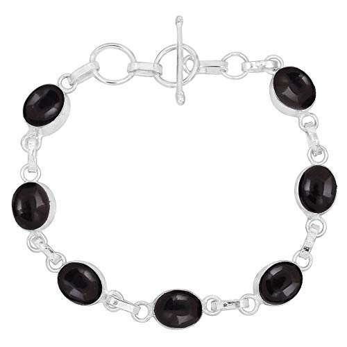 Oval Shape Natural Gemstones Statement Bracelet for Women - 925 Silver Plated Handmade Birthstone Bohemian Vintage Style Women's Jewelry Gifts for Wedding Anniversary Christmas Valentine's Day - color: Black Onyx