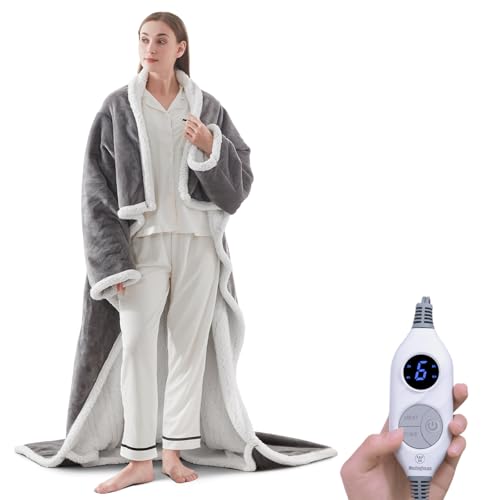 Westinghouse Electric Snuggle Throw Blankets with Foot Pocket, Wearable Heated Blanket with Sleeves, 6 Heating Levels & 2 to 10 Hours Heating Time Settings, 50 * 70"+18", Light Grey - color: Light Grey&ivory, size: 70*50" Heated Snuggle Blanket