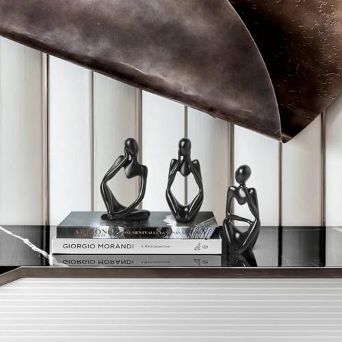 Set of 3 Minimalist Statues, Black Sandstone Figurines, Sitting Zen Pose, Lightweight & Durable Acrylic Gypsum Cement. Suitable for Office, Living Room, and Desk Decoration.