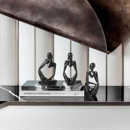 Set of 3 Minimalist Statues, Black Sandstone Figurines, Sitting Zen Pose, Lightweight & Durable Acrylic Gypsum Cement. Suitable for Office, Living Room, and Desk Decoration.
