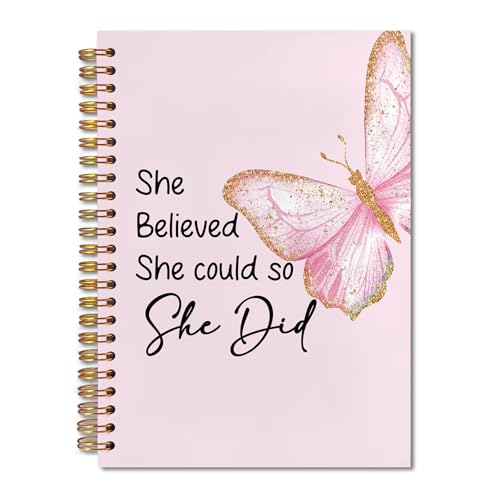 Pink Butterfly Inspirational Spiral Notebook 5.5x8.3, She Believed She Could So She Did Motivational Journal, Inspirational Encouragement Gifts for Women, Pink Office Supplies - color: Notebook-14