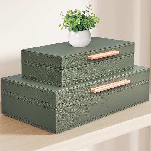 Decorative Box, Decorative Boxes with Lids 2-Set, Memory Box for Keepsakes, Beautiful PU Leather Decorative Storage Boxes in Style, Decor Box with Rose Metal Handle, Store Photos, Documents Green - color: Green