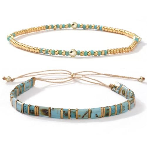 Tila Flat Beaded Stretch Bracelets for Women Stackable Gold Colorful Seed Beads Boho Bracelet Stack Adjustable Rope String Friendship Jewelry Trendy Holiday Gift - color: Green