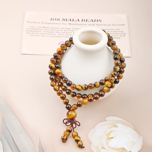 AD Beads 6mm 8mm 108 Prayer Mala Jasper Elastic Bracelet - Handmade Yoga Meditation Healing Power Energy Gifts for Unisex Adult. - color: Yellow Tiger's Eye(Courage)