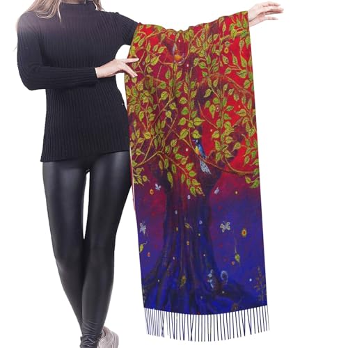 Sacred Bodhi Tree Of Life Themed Eastern Ancient Growth Ethnic Artwork Print Women'S Faux Cashmere Tassel Shawl Warm Soft Poncho Scarf Oversized Blanket Scarf For Fall Winter
