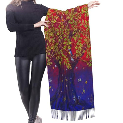 Sacred Bodhi Tree Of Life Themed Eastern Ancient Growth Ethnic Artwork Print Women'S Faux Cashmere Tassel Shawl Warm Soft Poncho Scarf Oversized Blanket Scarf For Fall Winter