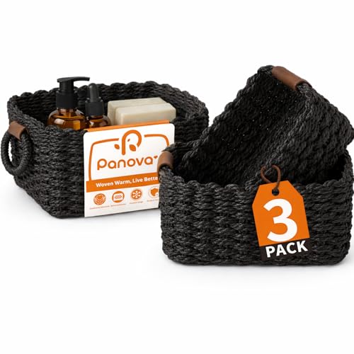 Storage Basket, Recycled Paper Rope Bathroom Basket Organizer, 3Pcs Small Baskets for Organizing, Mini wicker Basket for Decorative Storage Bins, Shelves, Bathroom, Cabinet - Black - color: Black