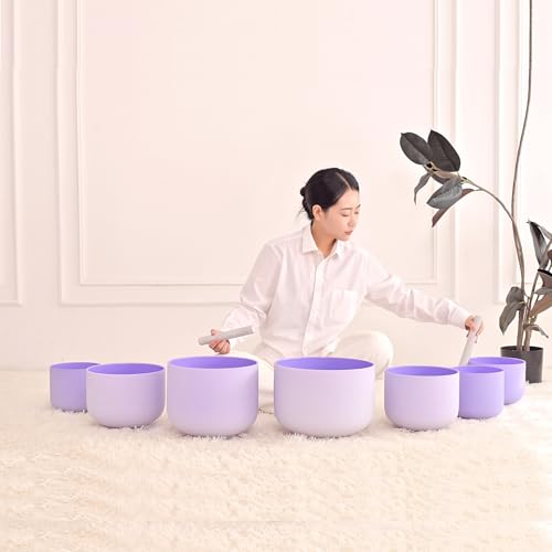 Hye-eun 432hz Purple Crystal Singing Bowls Set of 7Pcs Quartz Frosted Sound Chakra Bowls with Carrying Case for Yoga Meditation Healing Percussion Instruments - color: 7-12inch 432hz Purple 7pcs