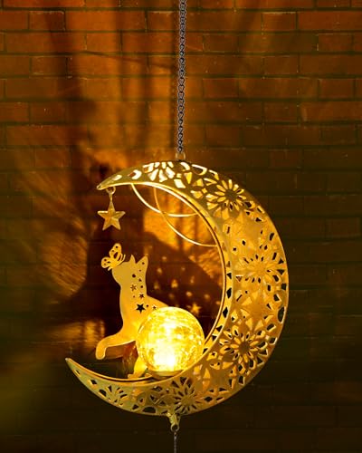 Solar Garden Outdoor Decor, Moon Cat Hanging Wind Chimes, Housewarming Ornament for Patio, Lawn, Yard, Pathway - Unique Gift Ideas for Gardening Mom Grandma Women