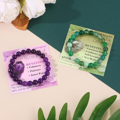 FIRAZIO 12PCS 6mm 8mm Gemstone Beaded Bracelets for Women Semi-Precious Natural Crystal Bracelets Round Beads Gemstones Stretch Bracelet Jewelry Gift - style: 8MM
