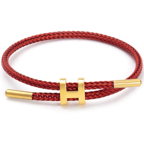 Simple Titanium Rope Steel Wire Bracelet with Adjustable Design Polished H Shape Buckle Bracelet Outdoor Casual Minimalist Fashion Gift for Women Men - color: Red