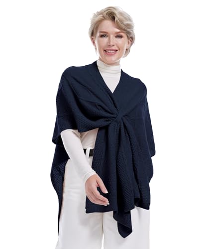 MissShorthair Knit Shawl Wraps for Women Boho Crochet Shawls Cape Open Front Cardigan - color: Navy Blue