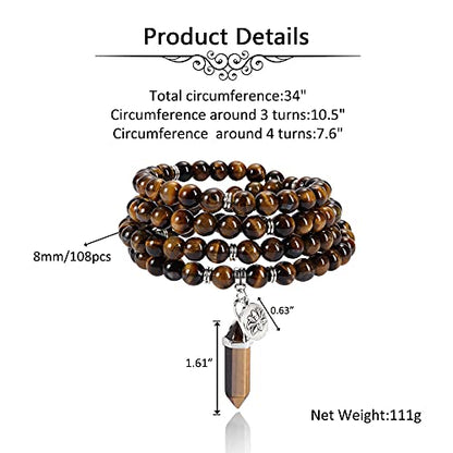 Jovivi 108 Mala Beads Bracelet 8mm Natural Amethyst Rose Quartz Healing Crystal Stone Mala Prayer Bead Necklace Hexagonal Prism Gemstone Reiki Pointed Pendant for Yoga Meditation Energy Balancing - color: Tiger Eye Crystal