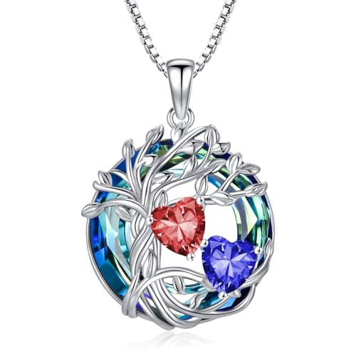 TOUPOP s925 Sterling Silver Family Celtic Tree of Life Pendant Necklaces with 2 Heart Birthstone with Blue Austrian Crystal Jewelry Birthday Valentines Day Gifts for Her, Anniversary Christmas Gifts for Wife Girlfriend Mom (18K Real White Gold Filled) - c