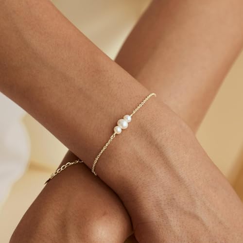 SLOONG Gold Pearl Bracelets for Women Trendy, 14K Gold Plated Dainty Stackable Layered Chain Bridesmaid Bracelets, Waterproof Wedding Jewelry for Women Adjustable 6"+2" - color: Style4(Pearl)