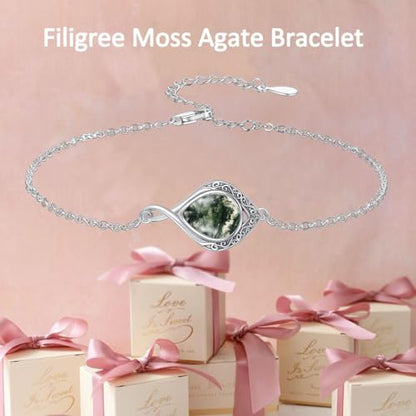 PELOVNY Celtic Knot Bracelet for Women 925 Sterling Silver Infinity Gemstone/Birthstone Bracelets Birthday Christmas Jewelry Gifts for Mom Daughter Wife - color: 02-Filigree-Moss Agate