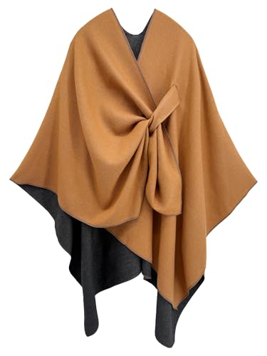 Women's Elegant Shawl Wraps, Soft Open Front Poncho Cape, Reversible Casual Cardigan Shawls for Gift Travel - color: Brown-black