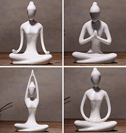 OwMell Lot of 4 Meditation Yoga Pose Statue Figurine Ceramic Yoga Figure Set Decor - White - color: White