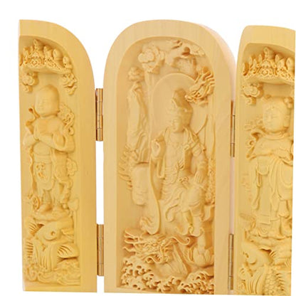 Happyyami Wood Buddha Statue Figurine Handcrafted Huangyang Wood 3-Compartment Box Home Decor for Meditation and Zen Spaces