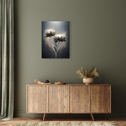 ketilly Black Lotus Canvas Print- Mystic Zen Wall Art with Gold Dust Effect, Modern Abstract Painting, Celestial Artwork for Living Room, Bedroom, Meditation Space 12''x15''
