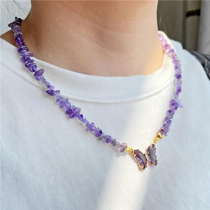 Bohemian Crystal Butterfly Necklaces Stress Relief Anxiety Yoga Pendant,Healing Natural Stone Mantra Choker for Women Teen Girls Friendship Birthday Mothers Day Gift Summer Beach Jewelry - color: Amethyst A