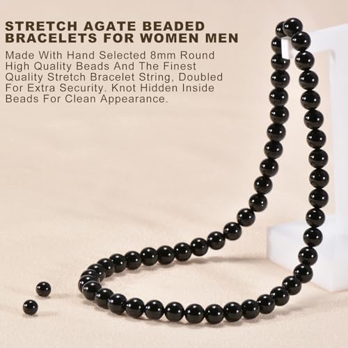 14in Agate Wrap Bracelet for Women Men Natural Round Beaded Agates Stone Healing Stretch Bracelets Elastic Handmade Polished Gemstone Beads Bracelet - color: Black Agate, size: 8mm Beads