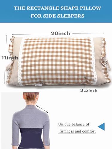 Upgrade Buckwheat Pillows for Sleeping, Neck Pillow Adjustable Buckwheat Hulls Filled with Pillow Cover Neck Support for Back and Side Sleepers (20x11 inch, Khaki) - color: Plaidkhaki