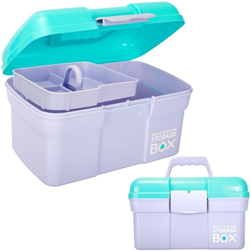 11in Mutipurpose Storage Box Organizer with Removable Tray, Portable Small Craft Organizer with Handle, Plastic Clear Tool Box Art Case for Makeup, Sewing, Nail, Hair Accessories (Purple Blue) - color: Purple Blue