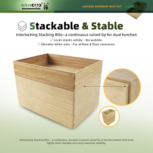 2-Piece Large Bamboo Storage Box Set - 7.1in High Stackable Deep-Drawer Organizer, Lidless Bin for Kitchen Cutlery Utensils, Home & Office (14.6"x10.2"x7.1"+14.6"x10.2"x3.1")