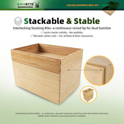 2-Piece Large Bamboo Storage Box Set - 7.1in High Stackable Deep-Drawer Organizer, Lidless Bin for Kitchen Cutlery Utensils, Home & Office (14.6"x10.2"x7.1"+14.6"x10.2"x3.1")