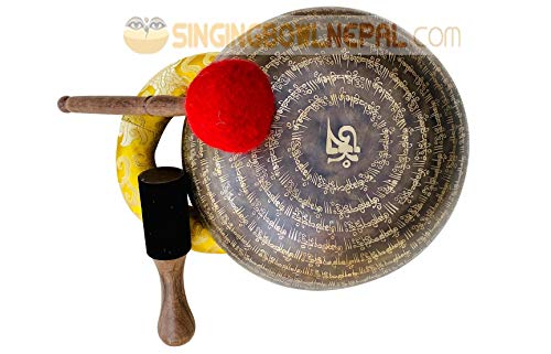 11" Healing Mantra Carved Buddha Root C Note Tibetan Singing Bowl, Hand Hammered Nepal Yoga Singing Bowls with Cushion & Mallet Striker