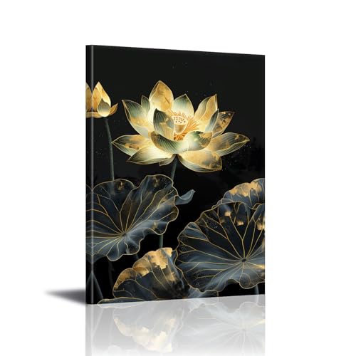 Lotus Wall Art Zen Floral Picture Decor Lotus Flower Leaf Painting Prints Modern Meditation Canvas Poster for Bathroom Yoga Spa Room Bedroom Office Home Decor Framed(Flo-02,12"x18")
