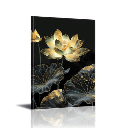 Lotus Wall Art Zen Floral Picture Decor Lotus Flower Leaf Painting Prints Modern Meditation Canvas Poster for Bathroom Yoga Spa Room Bedroom Office Home Decor Framed(Flo-02,12"x18")