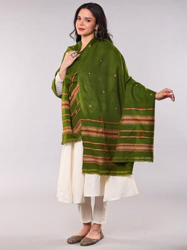 Exotic India Shawl from Kutch with Embroidered Mirrors - Pure Wool - color: Cedar Green