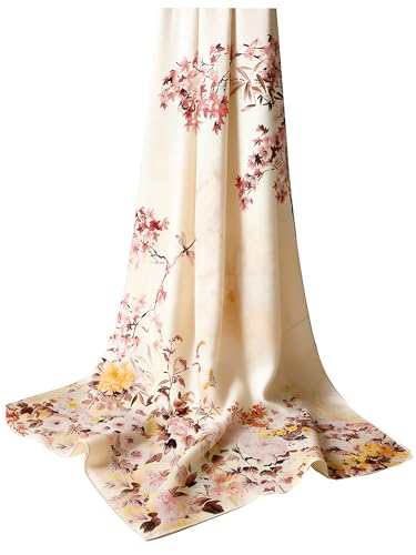 100% Mulberry Silk Oversized Women’s Sun-Shielding Shawl Formal Evening Neckwear Featherlight Airy - color: N1-blossom Silk Scarf（69" X 21"inch）