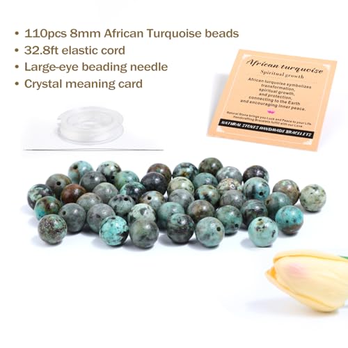 AD Beads 8mm Natural Round Loose Beads 110 Pieces, for Making 108 Mala Prayer Beads Necklace, Bracelet & Yoga Meditation, Jewelry Design (African Turquoise) - color: African Turquoise, size: 8mm-110pcs
