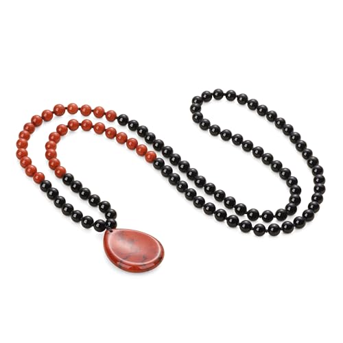 COAI Thumb Worry Stones Necklace for Men Women, Handmade 108 Mala Beaded Necklace for Women Men 8MM - style: Onyx & Red Jasper