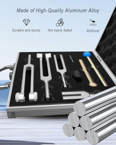 4 Pcs Tuning Fork Set (128Hz, OM 136.1Hz, MI 528Hz, 4096Hz), Solfeggio Tuning Fork Set with Rubber Mallet Sound Tool and Aluminum Box for Sound Regulation Stress Reduction Yoga Meditation Relaxation