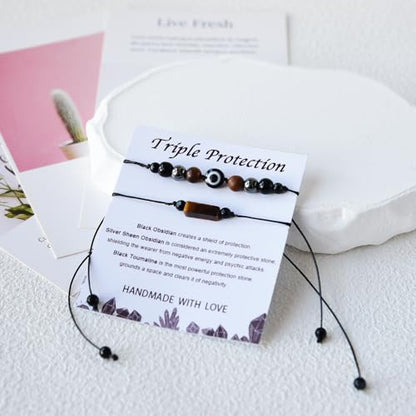 2Pcs Triple Protection Empath Energy Protection Bracelets Black Obsidian and Tiger Eye Evil Eye Carnelian Amethyst Natural Stone Jewelry for Women Men Gifts for Him Her - style: Triple protection style1