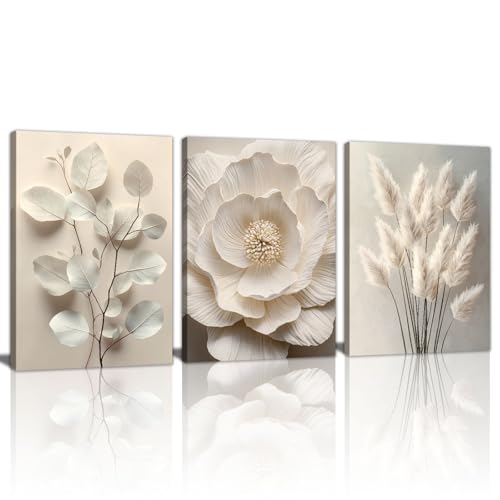 3Pcs Beige Floral Botanical Frame Canvas Wall Art, Neutral Textured Flower Plant Wall Painting Picture Wall Decor Vintage Blossom Posters Prints for Bedroom Living Room Reay to Hang 20"x28"x3Pcs - color: Flower-White botanical, size: 20"x28"x3Pcs